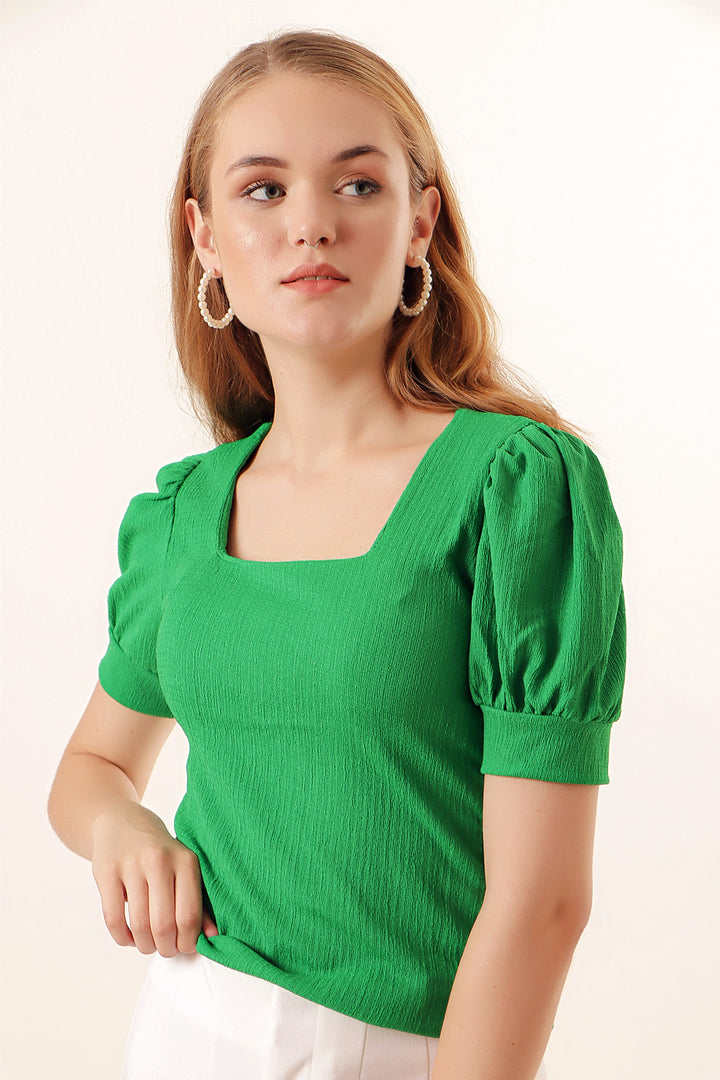 BGD Women Square Neck Knitted Blouse - Green - Avondale