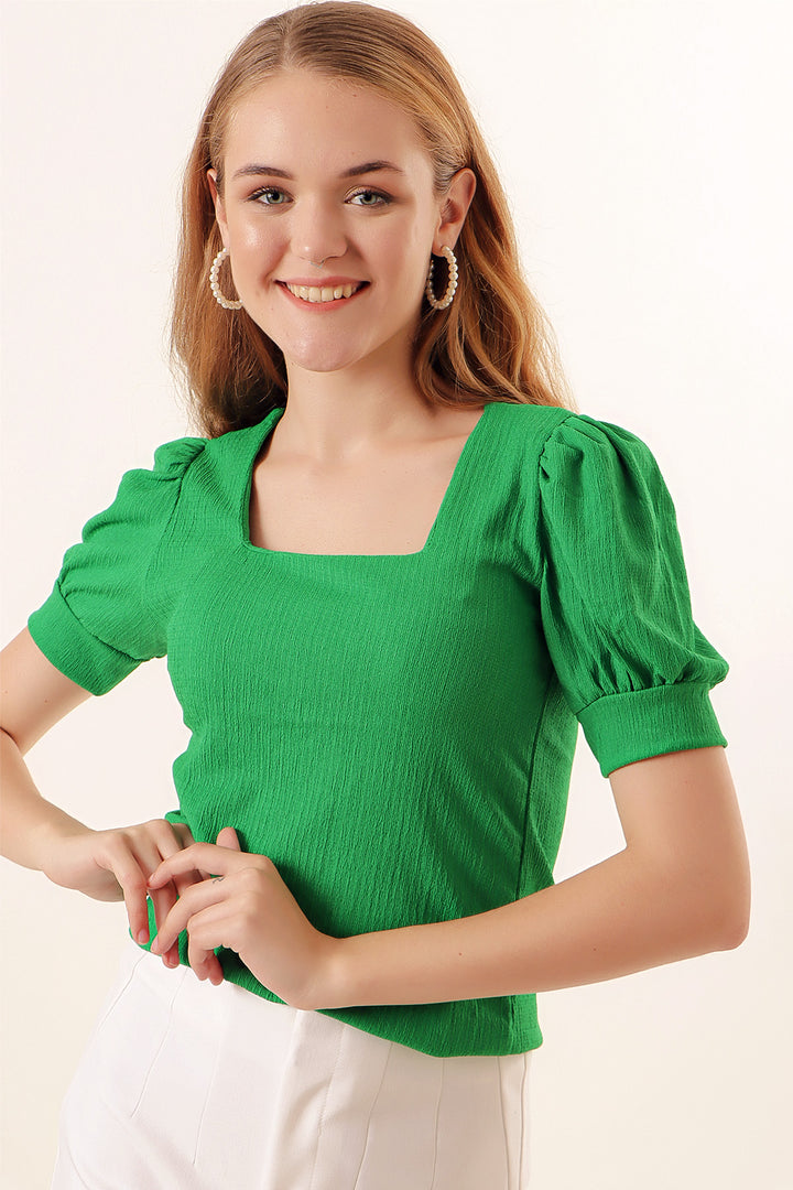 BGD Women Square Neck Knitted Blouse - Green - Avondale