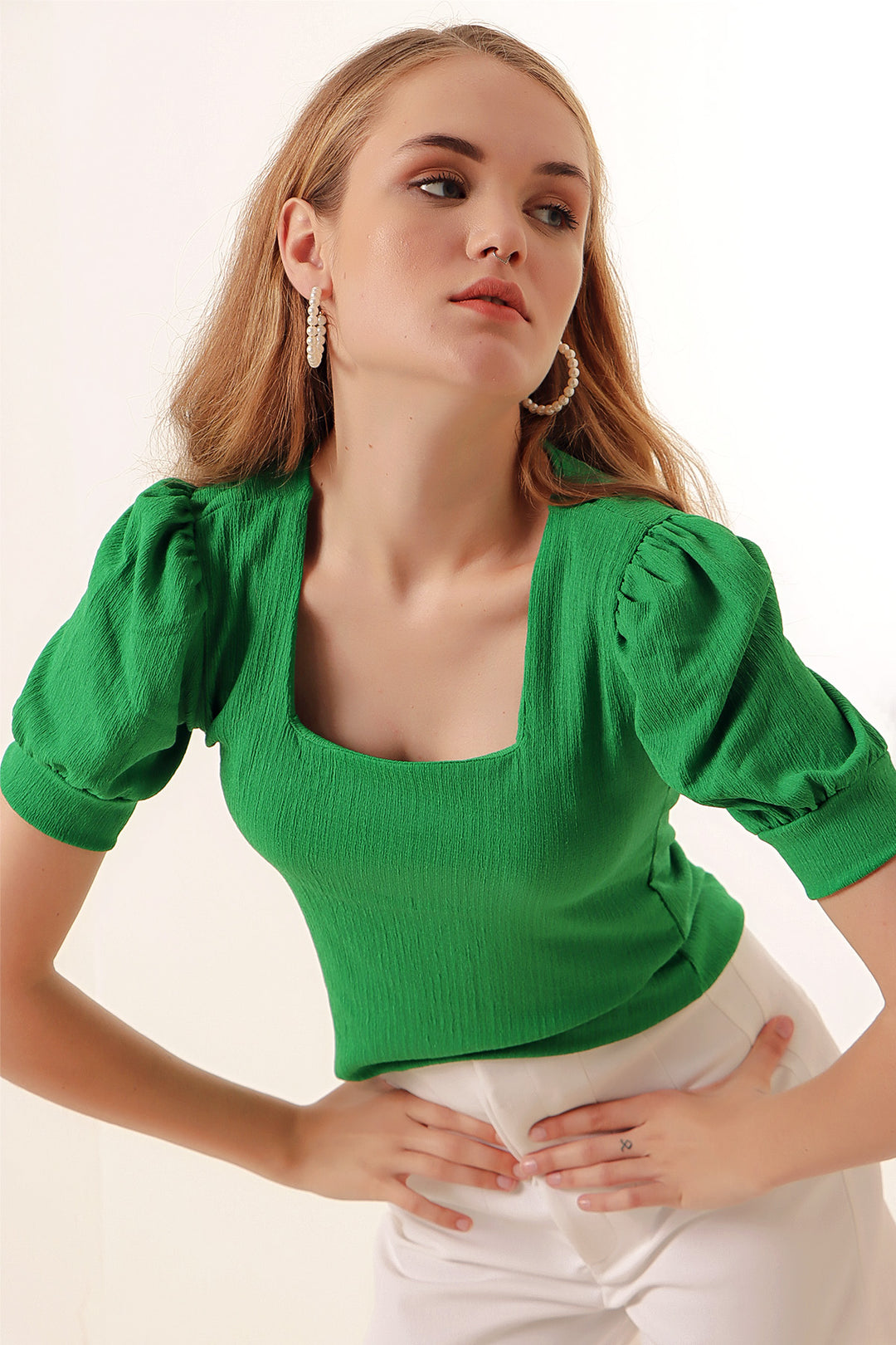 BGD Women Square Neck Knitted Blouse - Green - Avondale
