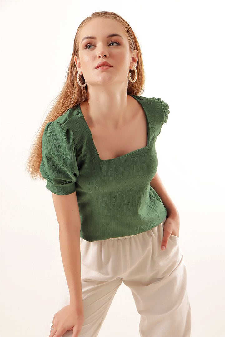 BGD Women Square Neck Knitted Blouse - Emerald Green - Sevilla
