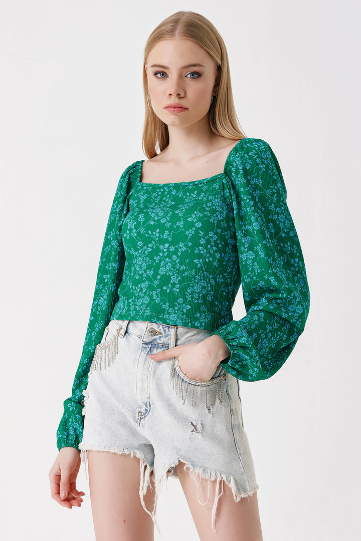 BGD Women Balloon Sleeve Knitted Blouse - Dark Green - Avondale