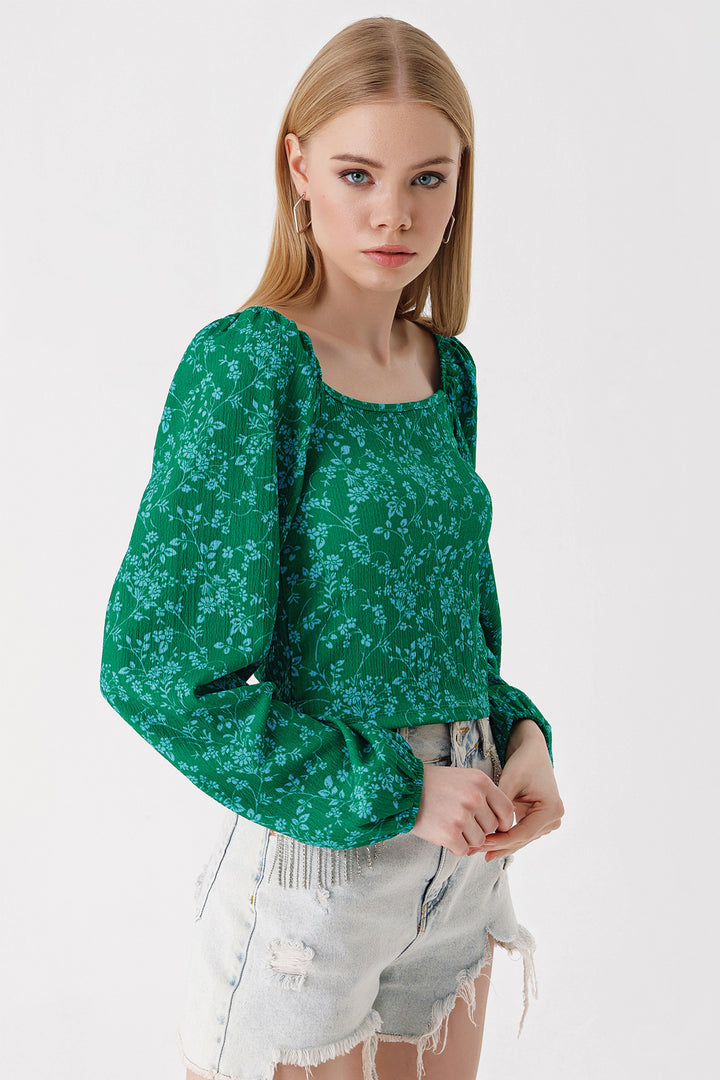 BGD Women Balloon Sleeve Knitted Blouse - Dark Green - Avondale