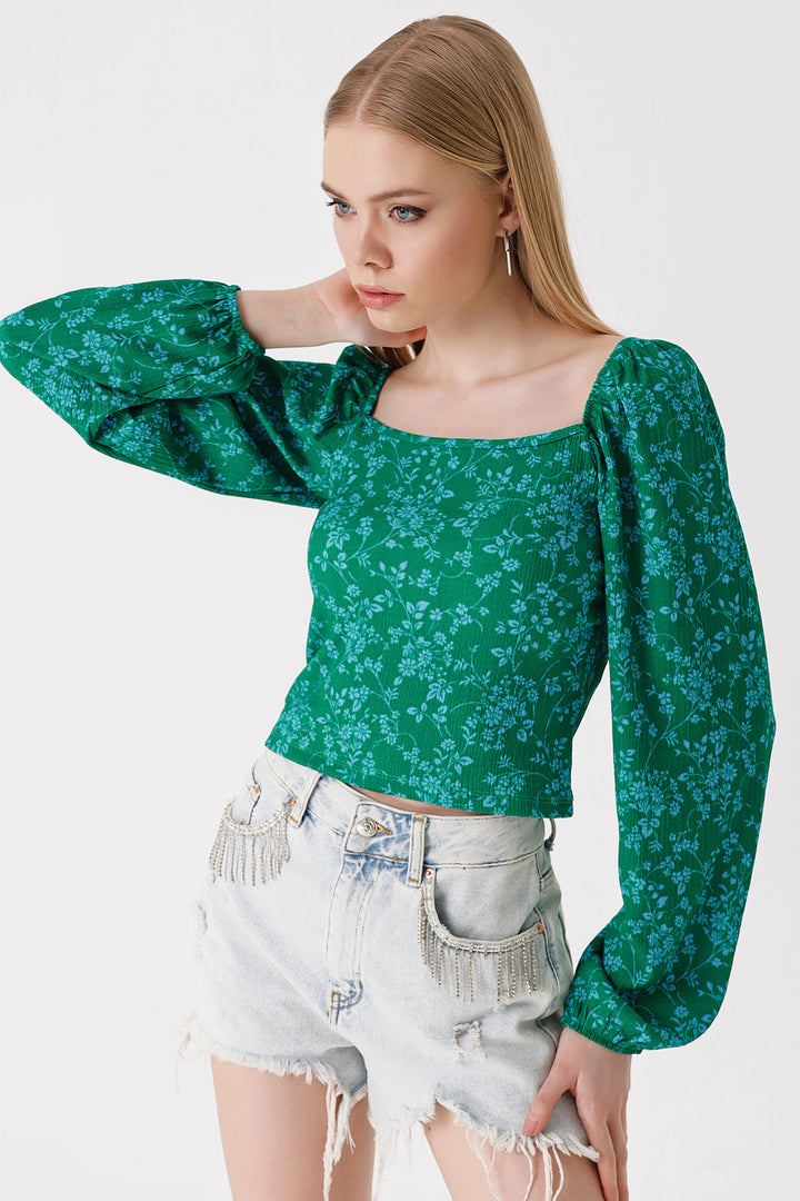 BGD Women Balloon Sleeve Knitted Blouse - Dark Green - Avondale