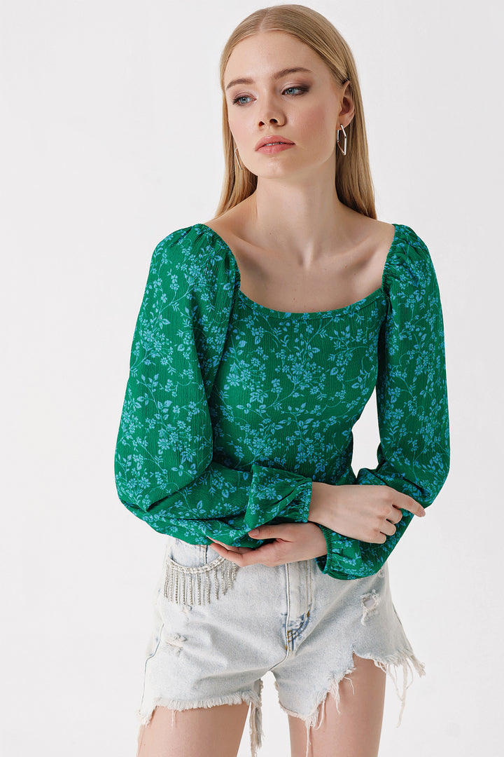 BGD Women Balloon Sleeve Knitted Blouse - Dark Green - Avondale