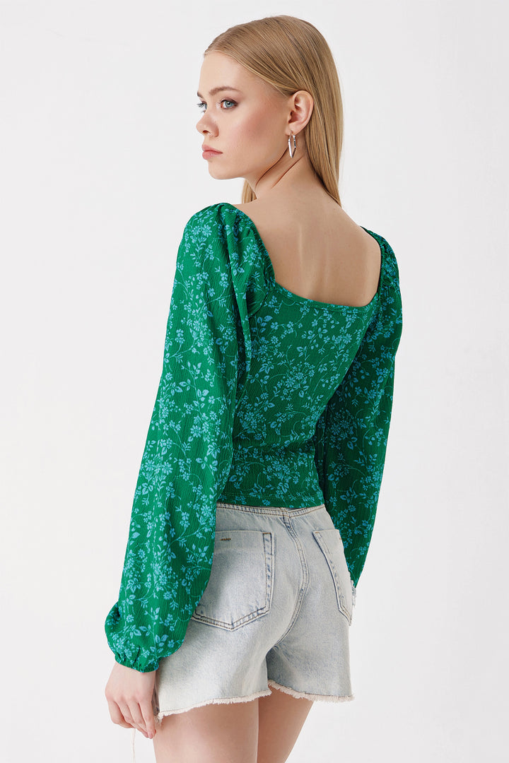 BGD Women Balloon Sleeve Knitted Blouse - Dark Green - Avondale