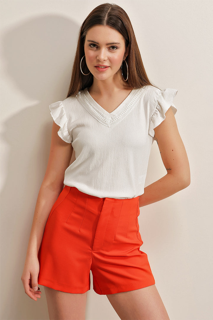 BGD Women V-Neck Knit Blouse - White - Bayonne