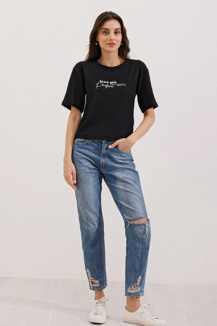 BGD Women Printed Oversized Knit T-shirt - Black - Lörrach