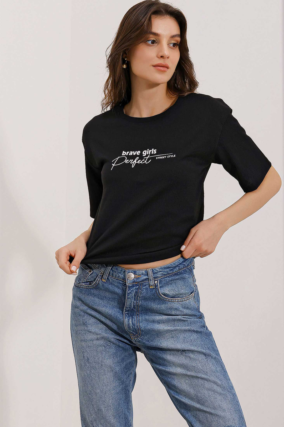 BGD Women Printed Oversized Knit T-shirt - Black - Lörrach