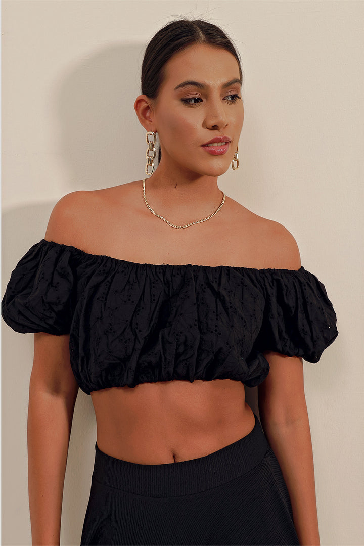 BGD Women Strapless Blouse with Ruffles - Black - Avondale