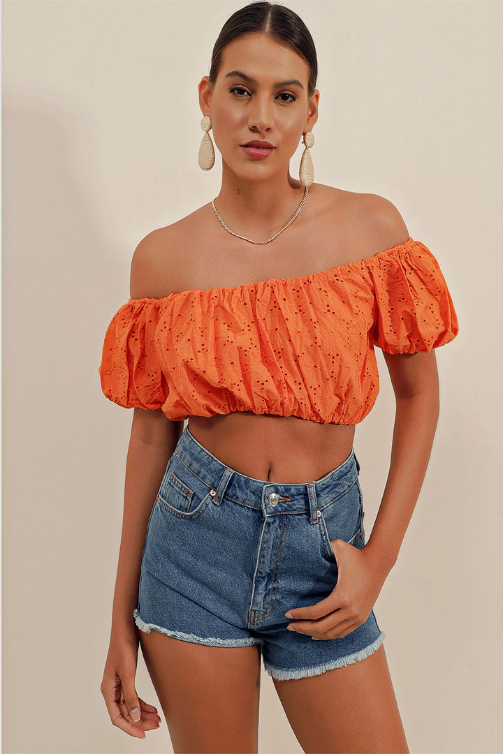 BGD Women Strapless Blouse with Ruffles - Orange - Avondale