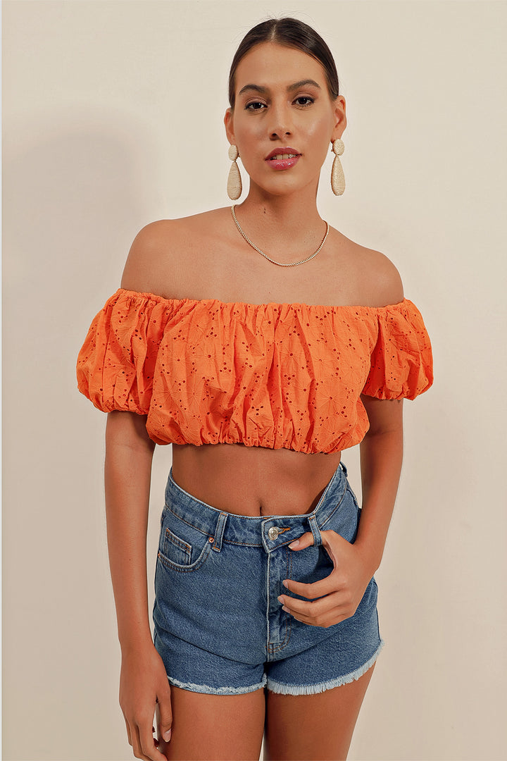 BGD Women Strapless Blouse with Ruffles - Orange - Avondale