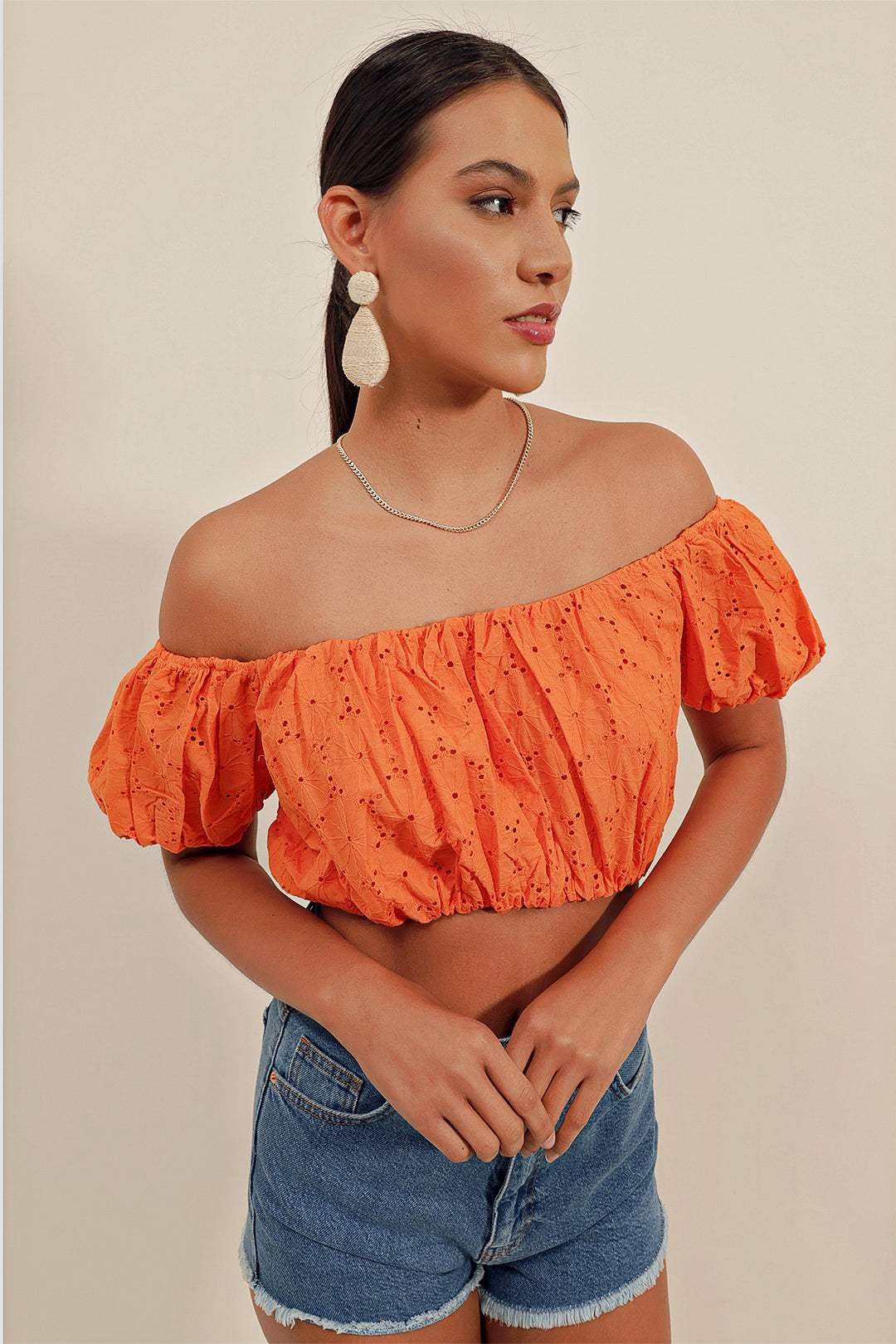 BGD Women Strapless Blouse with Ruffles - Orange - Avondale