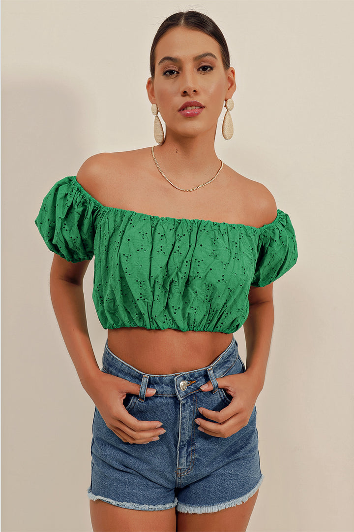 BGD Women Strapless Blouse with Ruffles - Green - Avondale