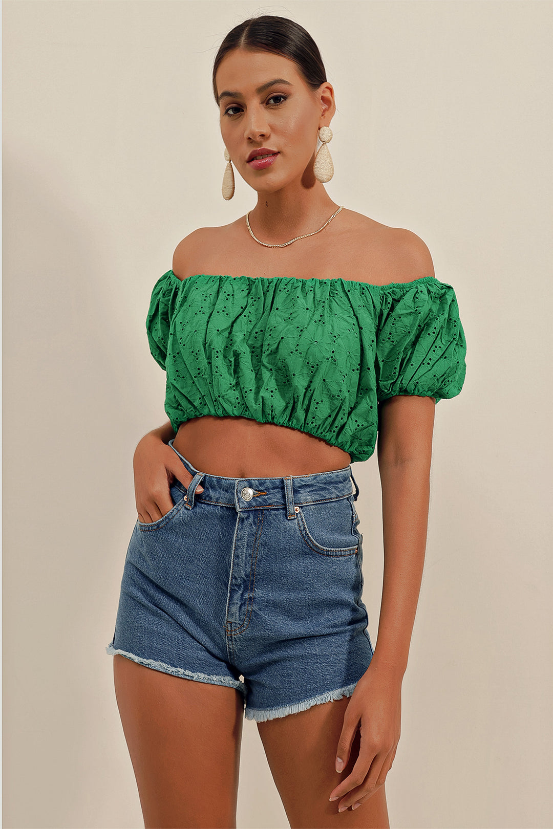 BGD Women Strapless Blouse with Ruffles - Green - Avondale