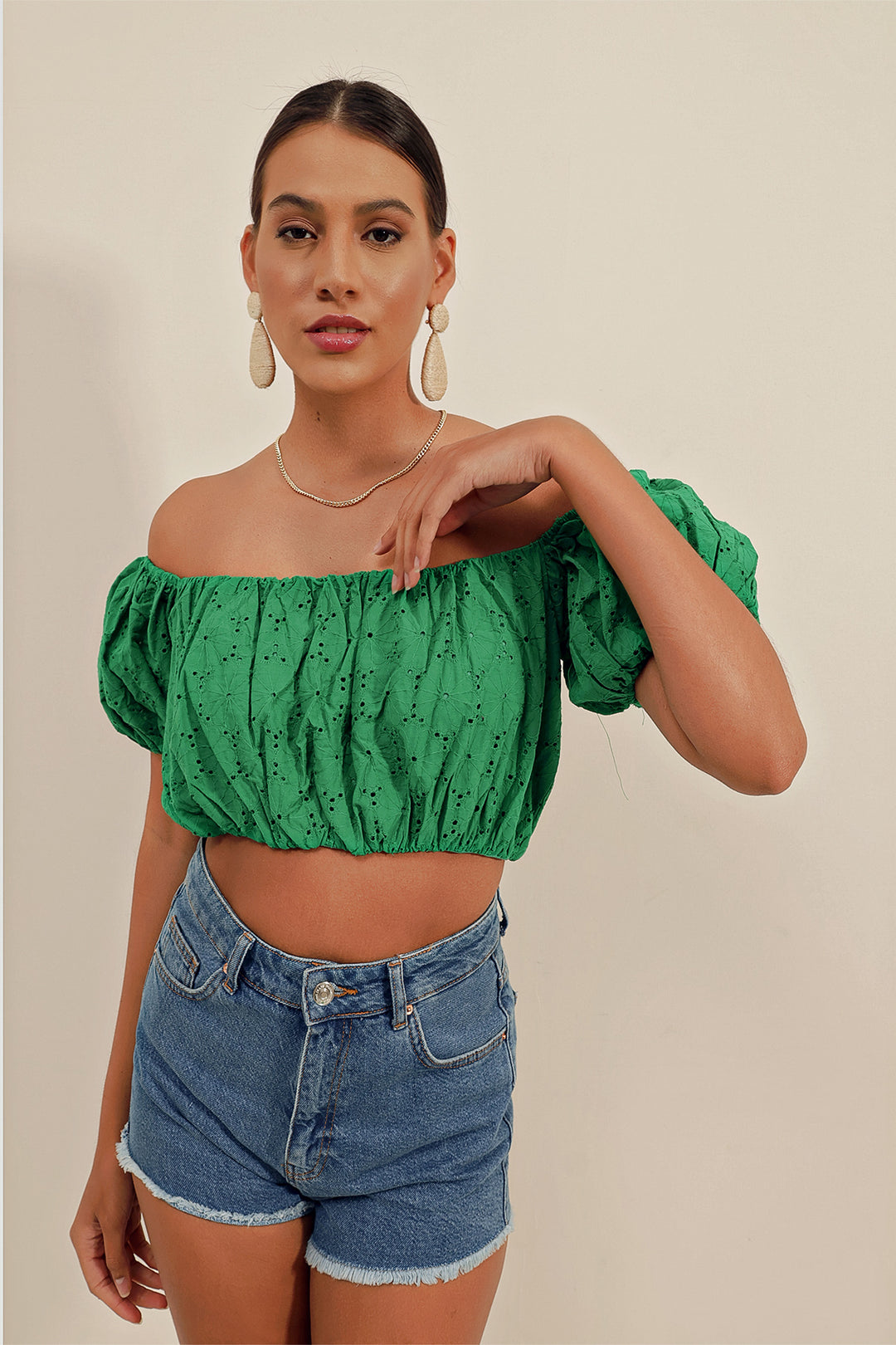 BGD Women Strapless Blouse with Ruffles - Green - Avondale