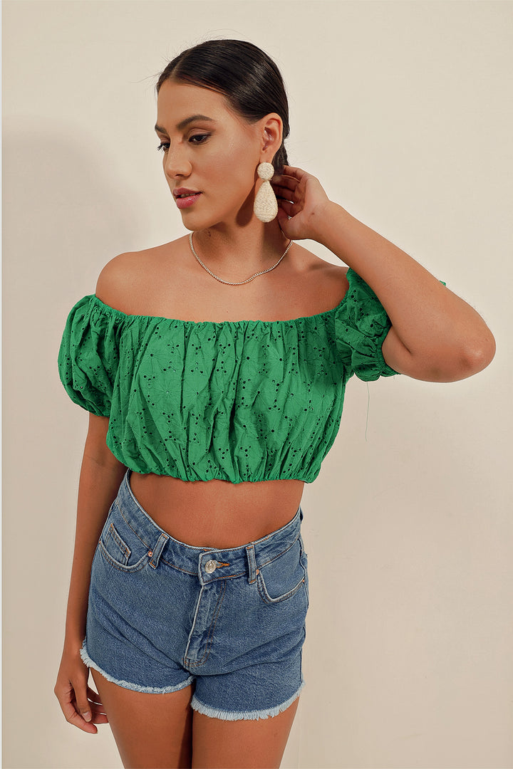 BGD Women Strapless Blouse with Ruffles - Green - Avondale