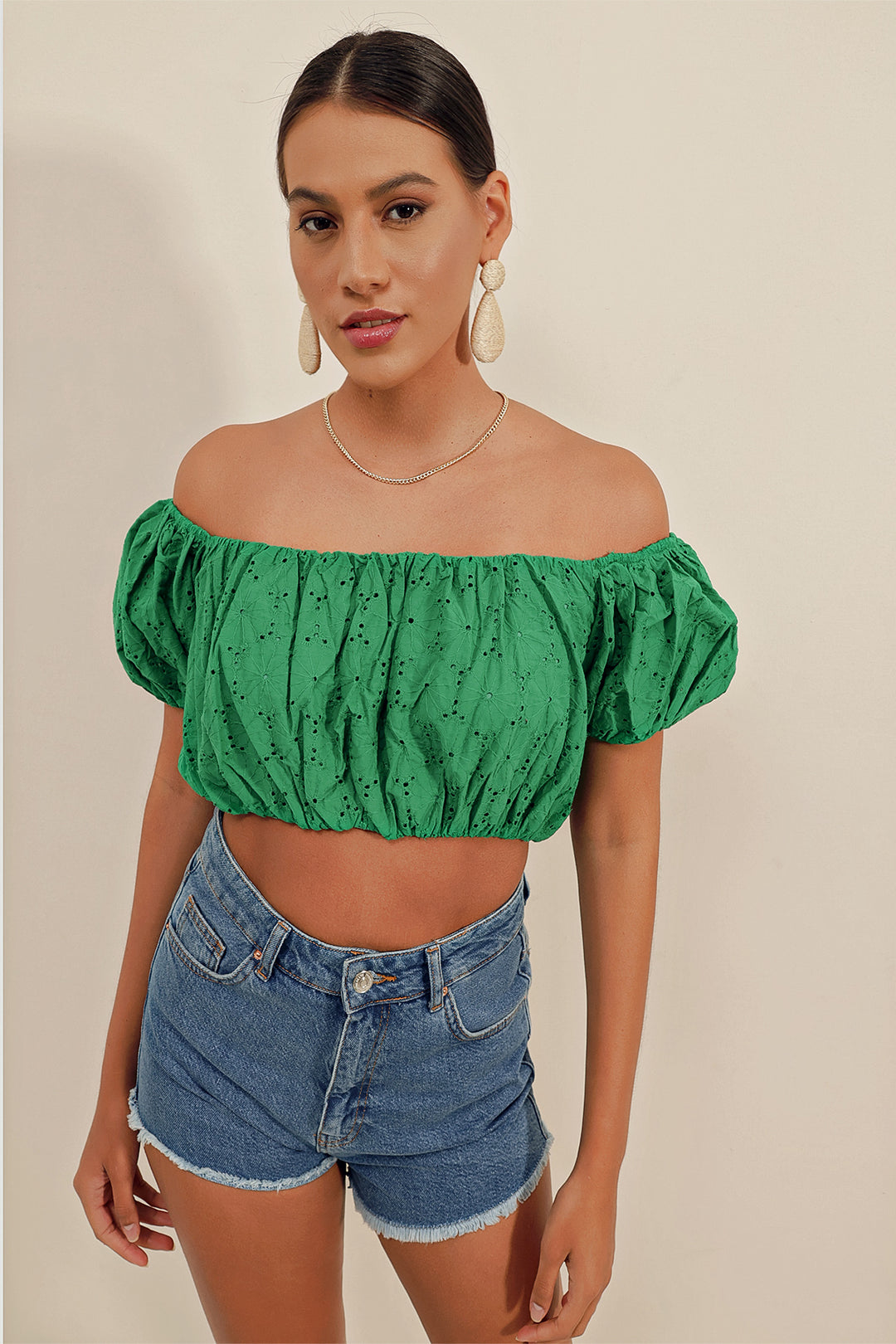 BGD Women Strapless Blouse with Ruffles - Green - Avondale