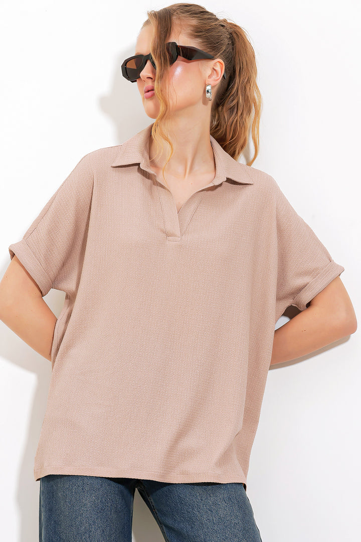 BGD Women Woman Biscuit Oversize Polo Neck Knitted Blouse 0486 - Avondale