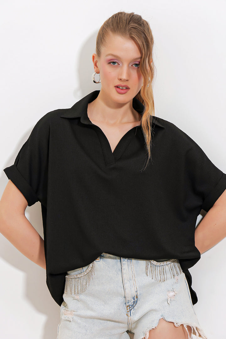 BGD Women Woman Black Oversized Polo Neck Knit Blouse 0486 - Avondale