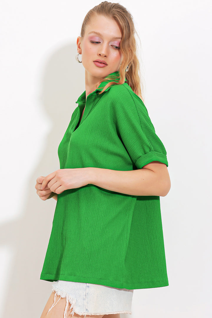 BGD Women Woman Green Oversized Polo Neck Knitted Blouse 0486 - Avondale