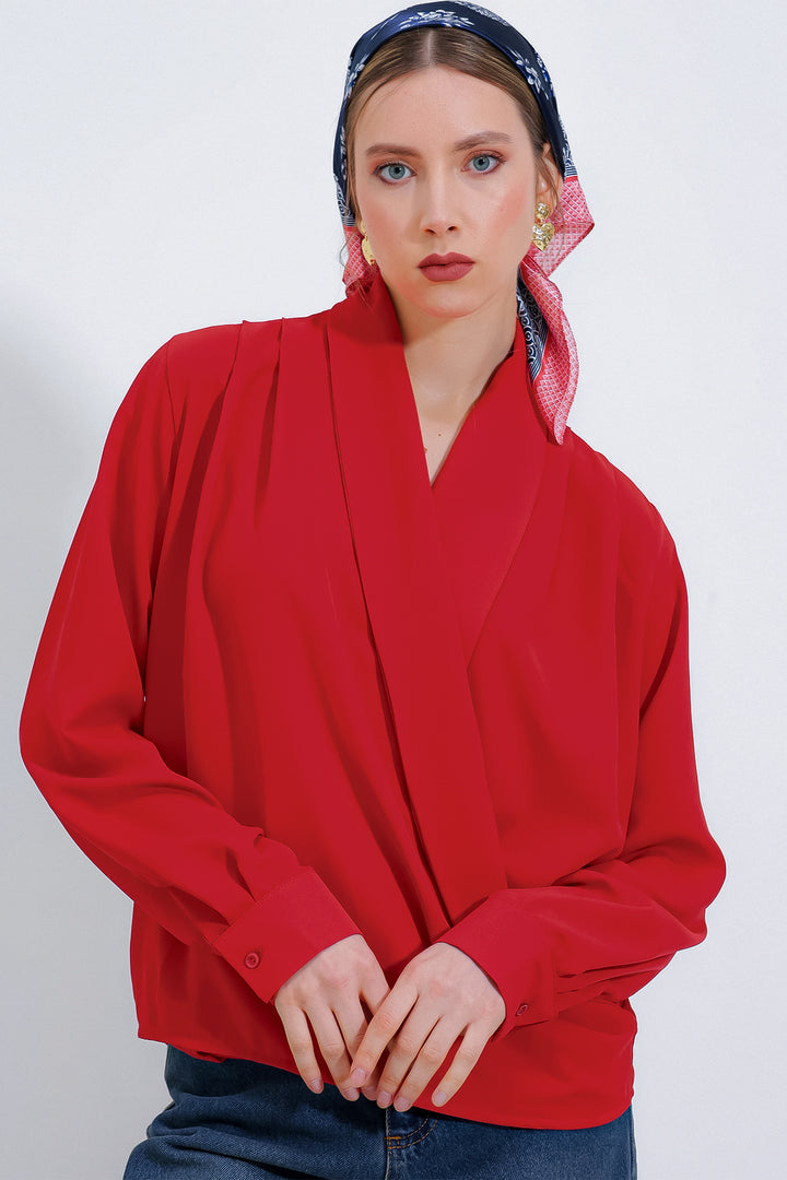 BGD Women Woman Red Wrap Neck Draped Satin Blouse 0492 - Maidenhead