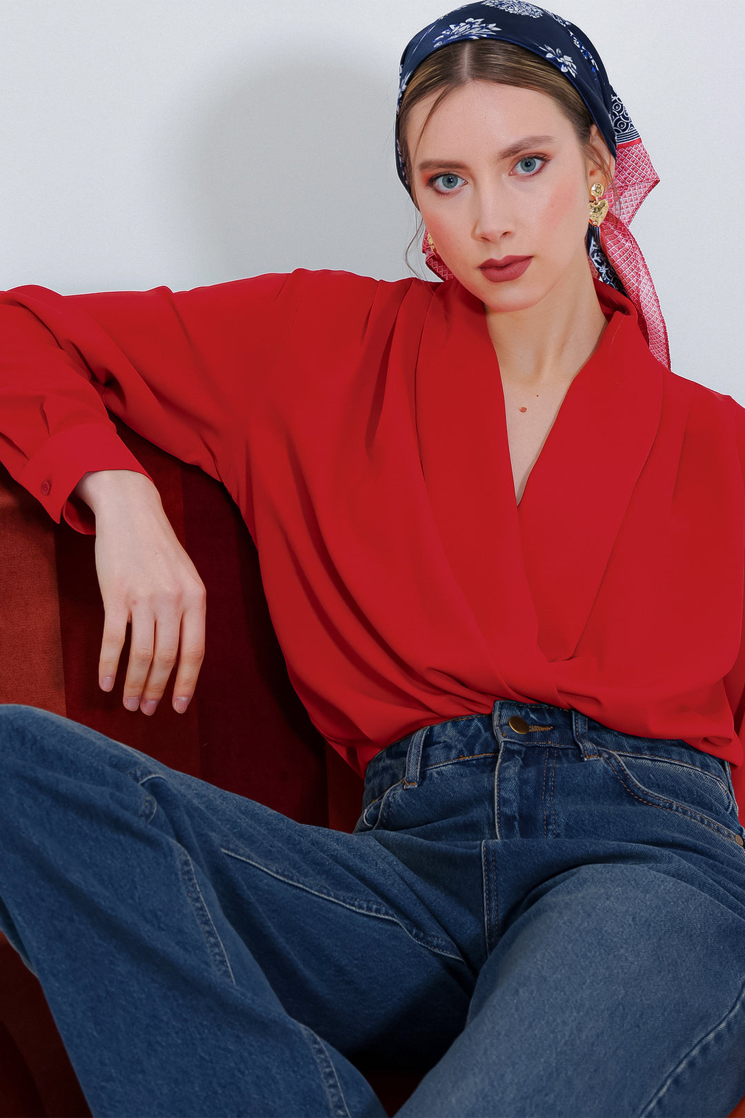 BGD Women Woman Red Wrap Neck Draped Satin Blouse 0492 - Maidenhead