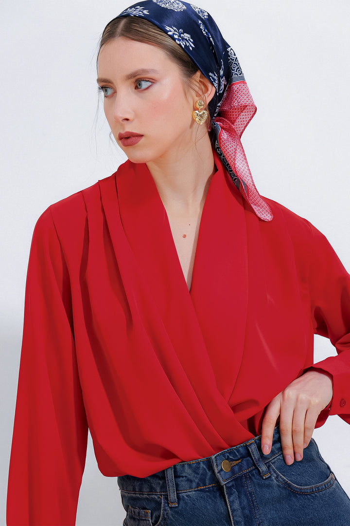 BGD Women Woman Red Wrap Neck Draped Satin Blouse 0492 - Maidenhead
