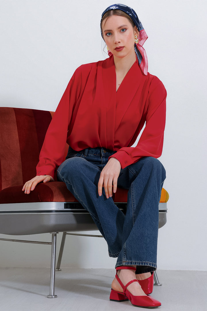 BGD Women Woman Red Wrap Neck Draped Satin Blouse 0492 - Maidenhead
