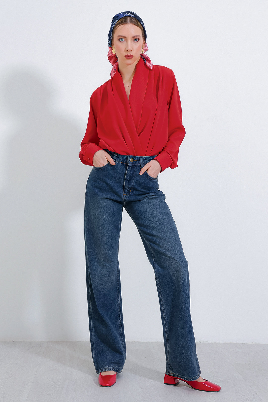 BGD Women Woman Red Wrap Neck Draped Satin Blouse 0492 - Maidenhead