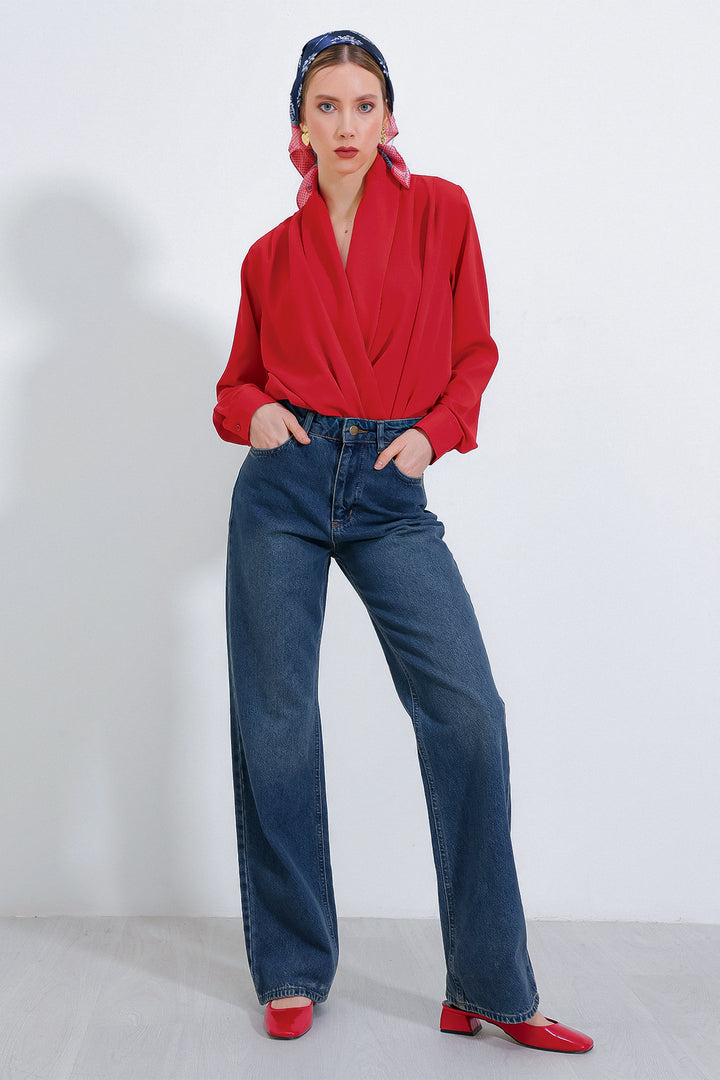 BGD Women Woman Red Wrap Neck Draped Satin Blouse 0492 - Maidenhead
