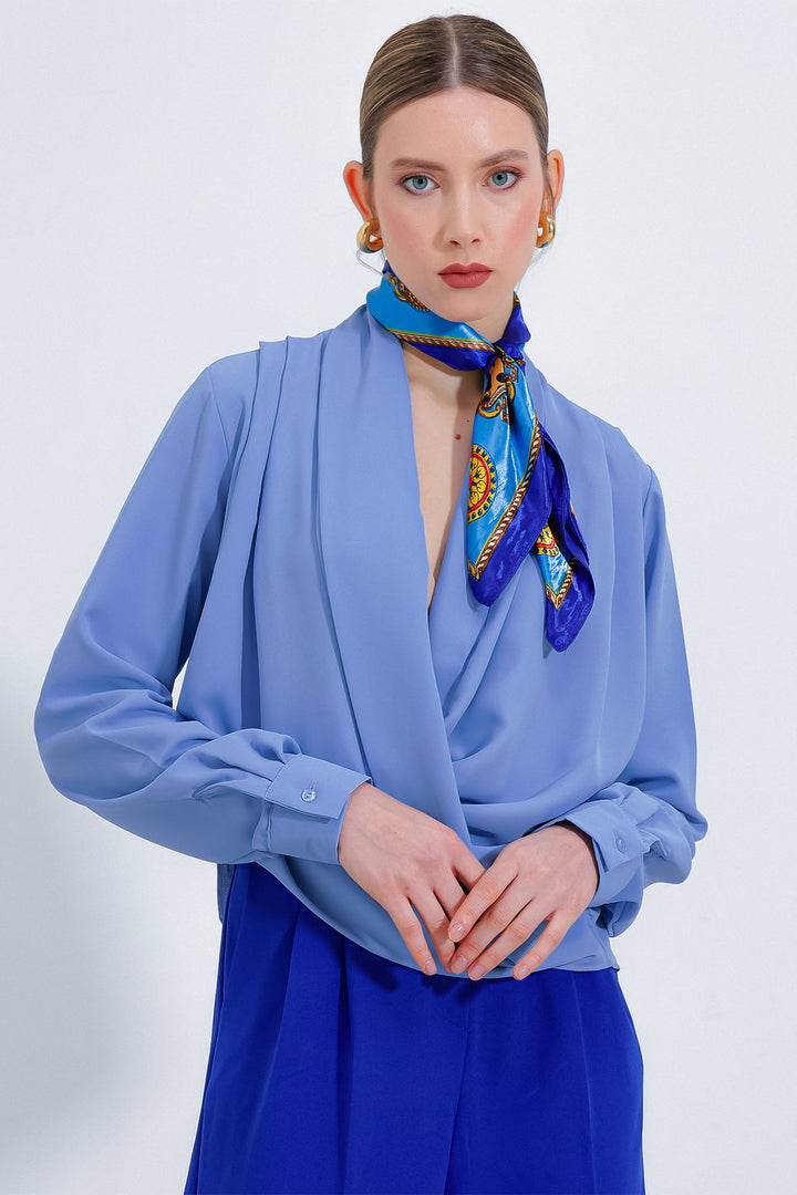 BGD Women Woman Blue Wrap Neck Draped Satin Blouse 0492 - Avondale