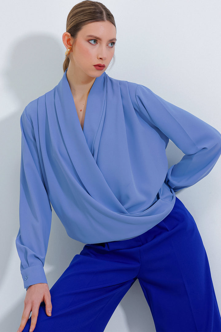 BGD Women Woman Blue Wrap Neck Draped Satin Blouse 0492 - Avondale