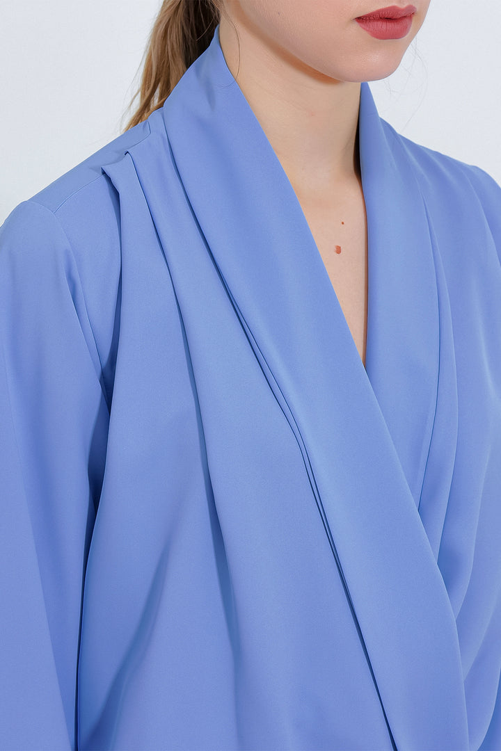 BGD Women Woman Blue Wrap Neck Draped Satin Blouse 0492 - Avondale