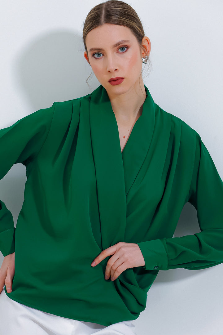 BGD Women Woman's Emerald Green Satin Blouse with Shawl Collar 0492 - Avondale