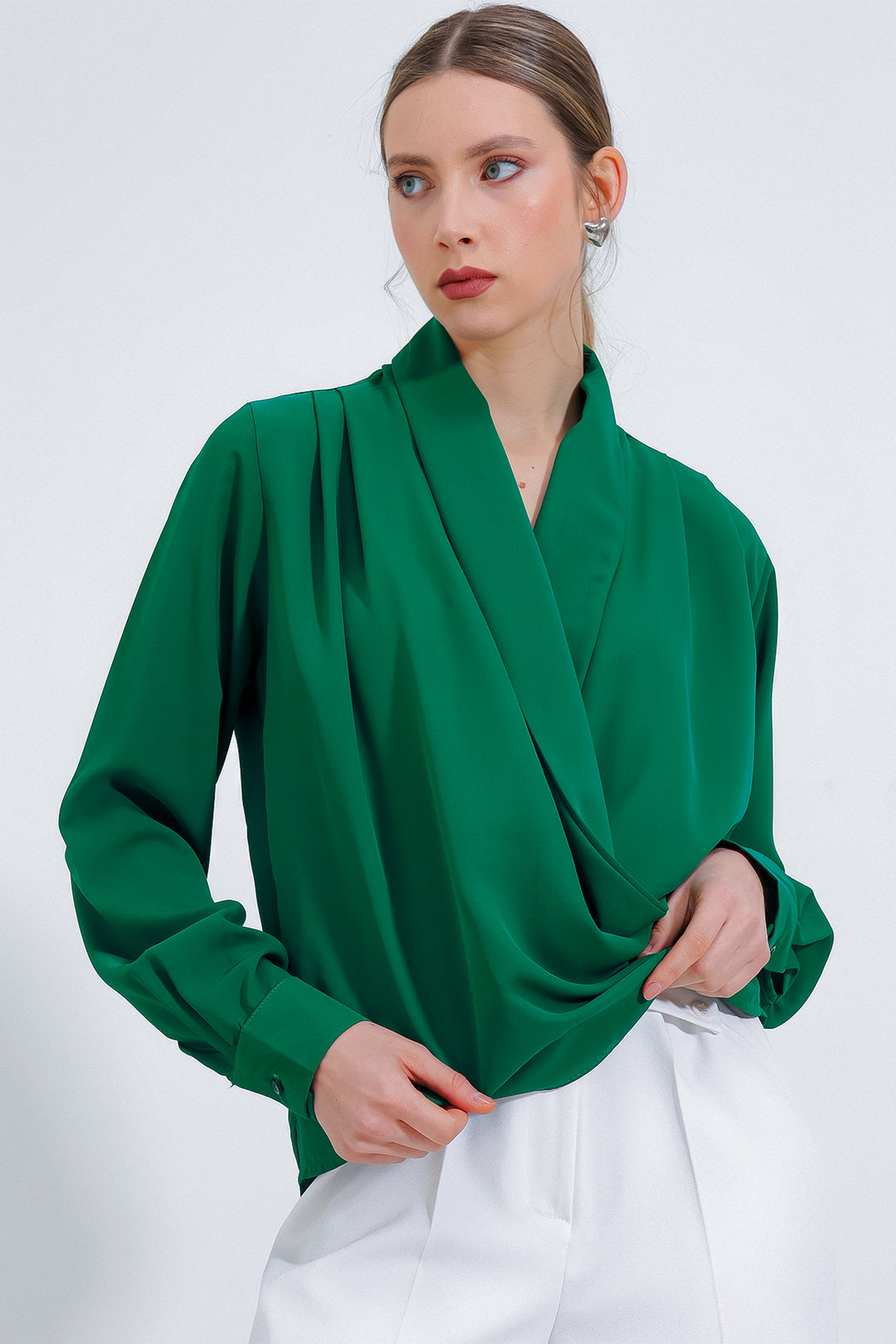 BGD Women Woman's Emerald Green Satin Blouse with Shawl Collar 0492 - Avondale