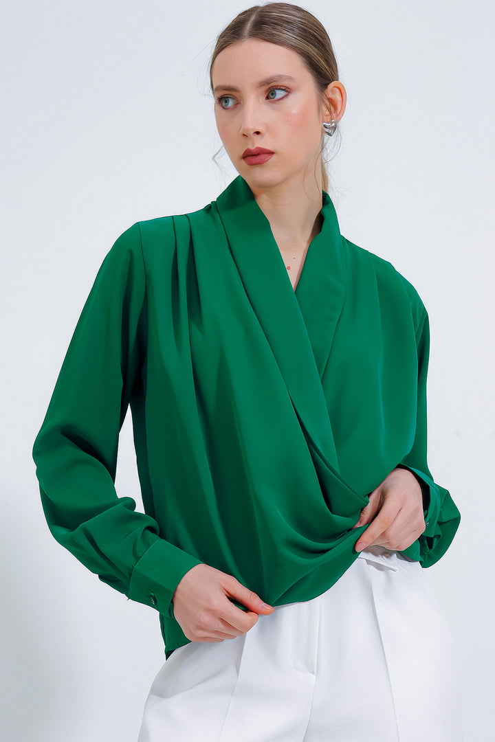 BGD Women Woman's Emerald Green Satin Blouse with Shawl Collar 0492 - Avondale
