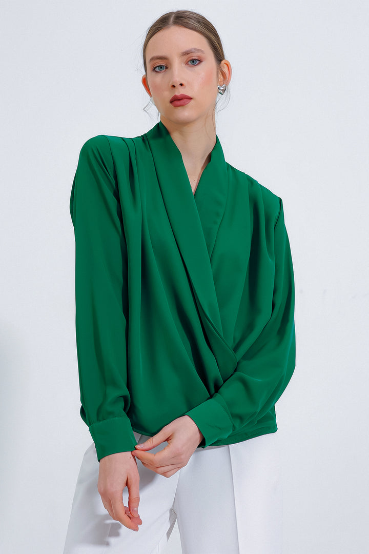 BGD Women Woman's Emerald Green Satin Blouse with Shawl Collar 0492 - Avondale