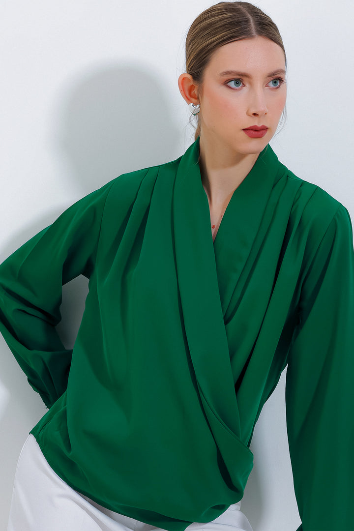 BGD Women Woman's Emerald Green Satin Blouse with Shawl Collar 0492 - Avondale