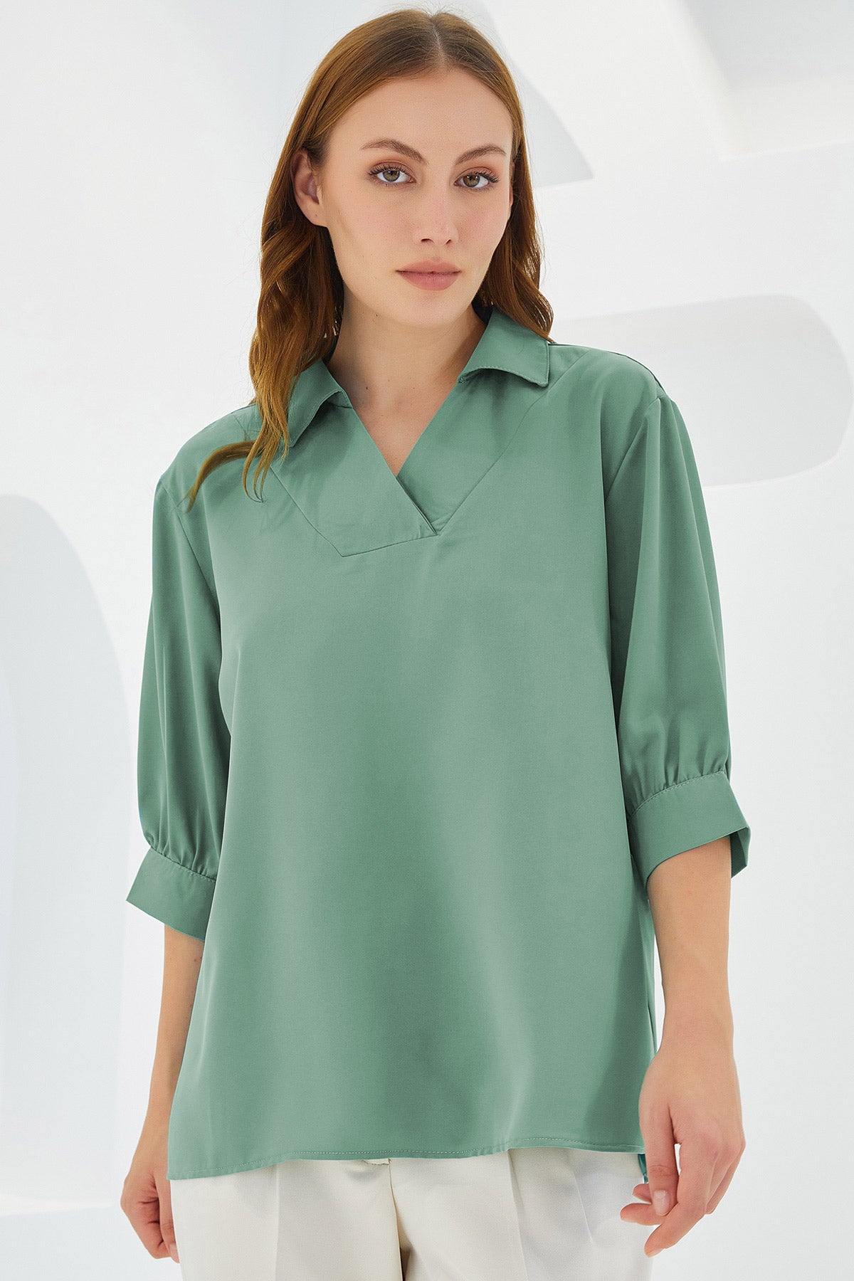 BGD Women Woman Sage Green Shirt Collar Satin Blouse 0493