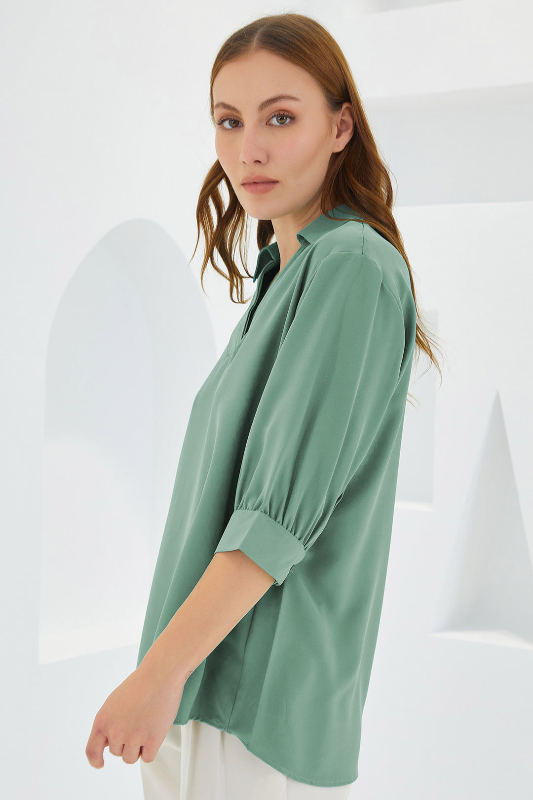 BGD Women Woman Sage Green Shirt Collar Satin Blouse 0493 - Macerata