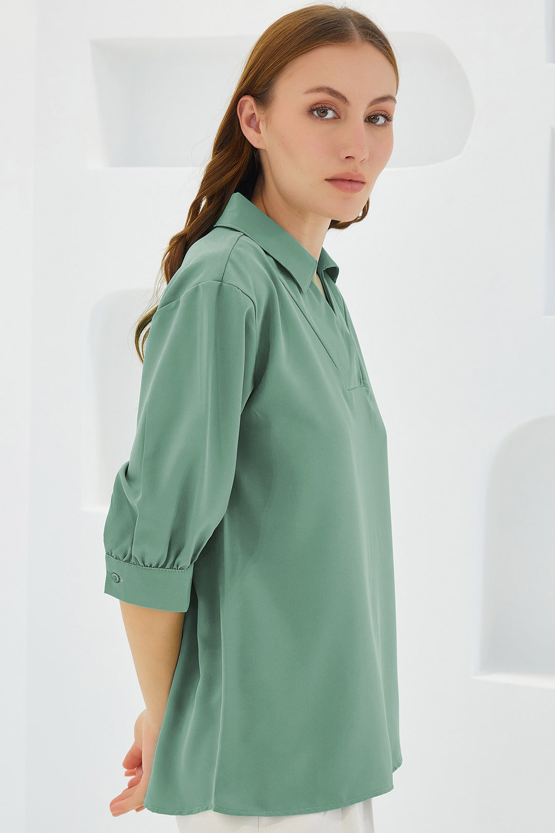 BGD Women Woman Sage Green Shirt Collar Satin Blouse 0493 - Calpulalpan