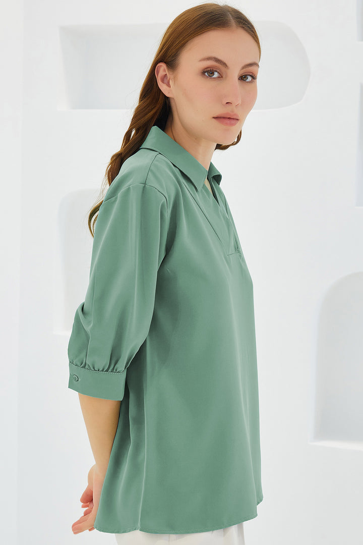 BGD Women Woman Sage Green Shirt Collar Satin Blouse 0493 - Calpulalpan