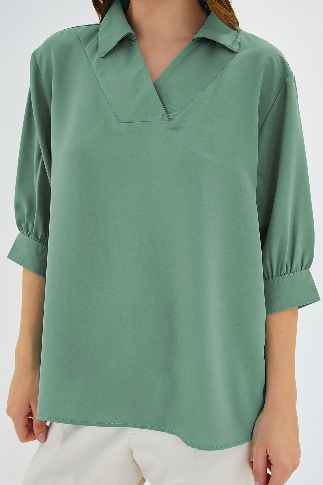 BGD Women Woman Sage Green Shirt Collar Satin Blouse 0493 - Calpulalpan