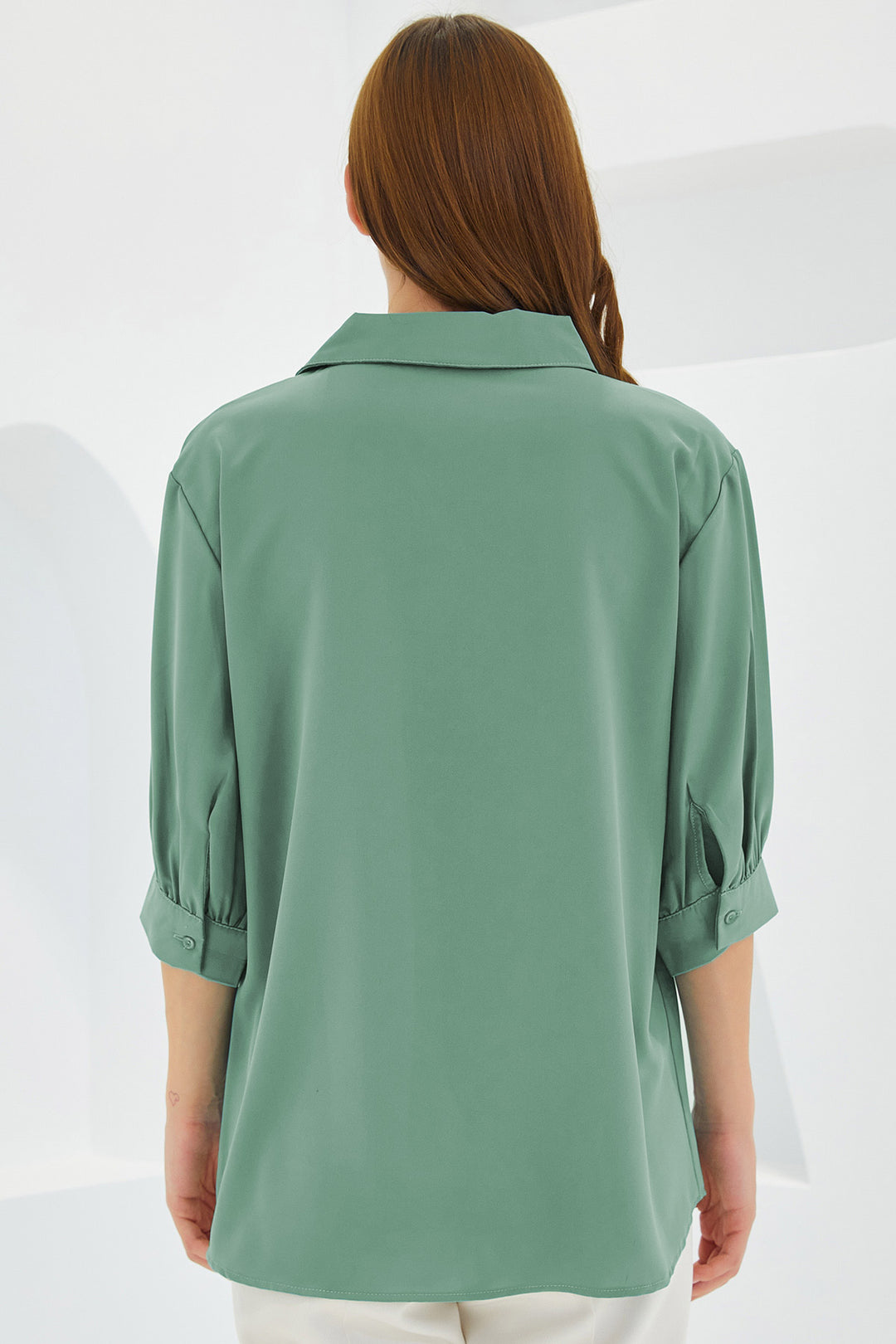 BGD Women Woman Sage Green Shirt Collar Satin Blouse 0493 - Calpulalpan
