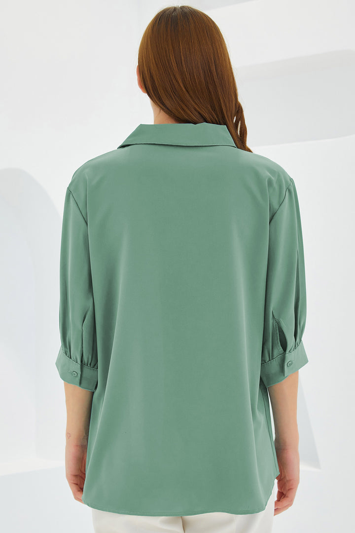 BGD Women Woman Sage Green Shirt Collar Satin Blouse 0493 - Calpulalpan