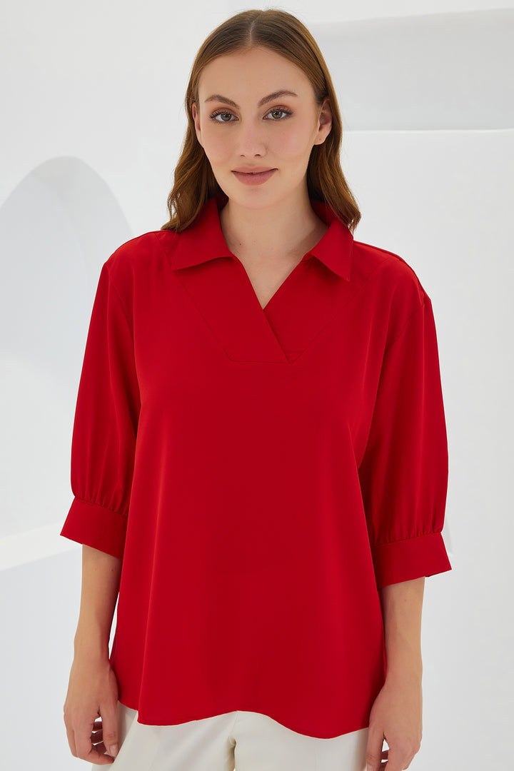 BGD Women Woman Red Shirt Collar Satin Blouse 0493 - Beeston