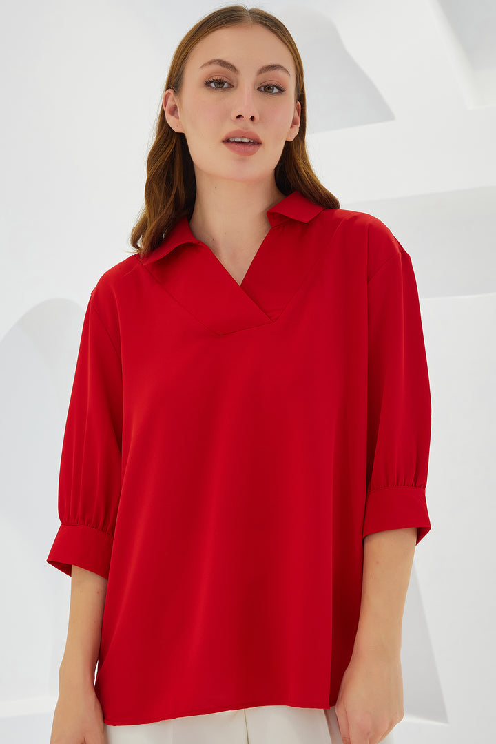 BGD Women Woman Red Shirt Collar Satin Blouse 0493 - Beeston