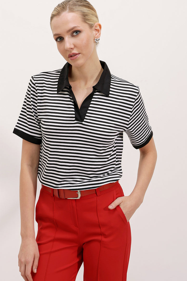 BGD Women Woman Black Polo Neck Striped T-Shirt 0499 - Pessac