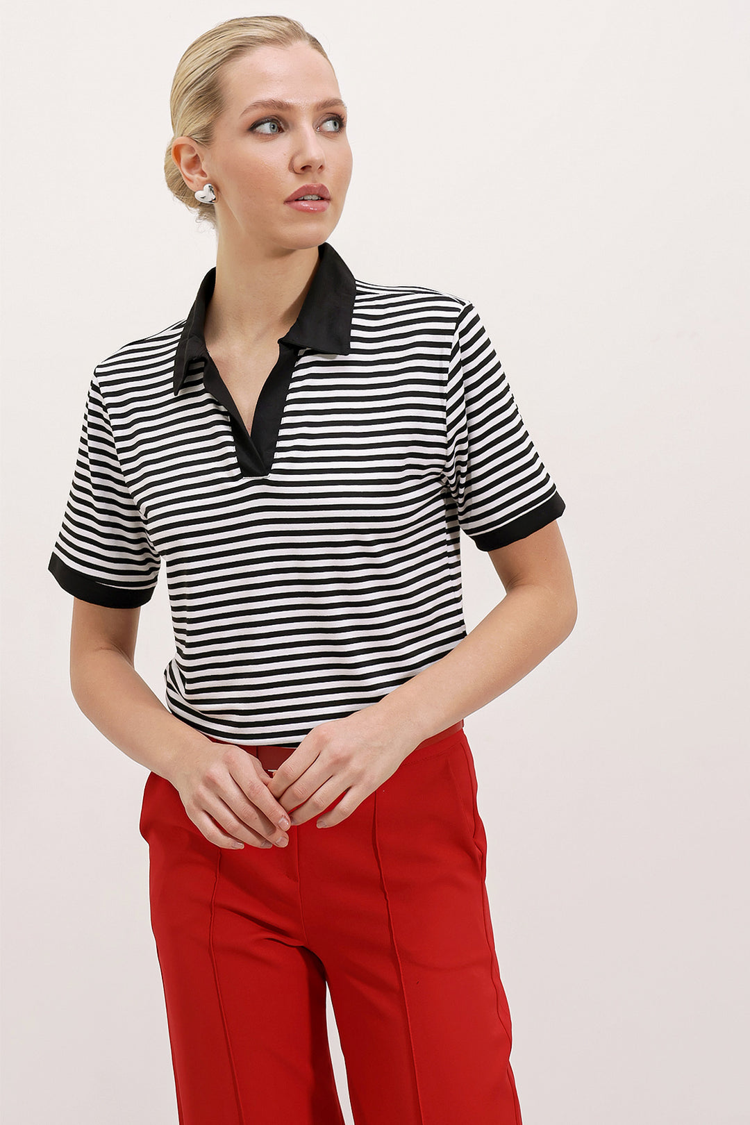 BGD Women Woman Black Polo Neck Striped T-Shirt 0499 - Pessac