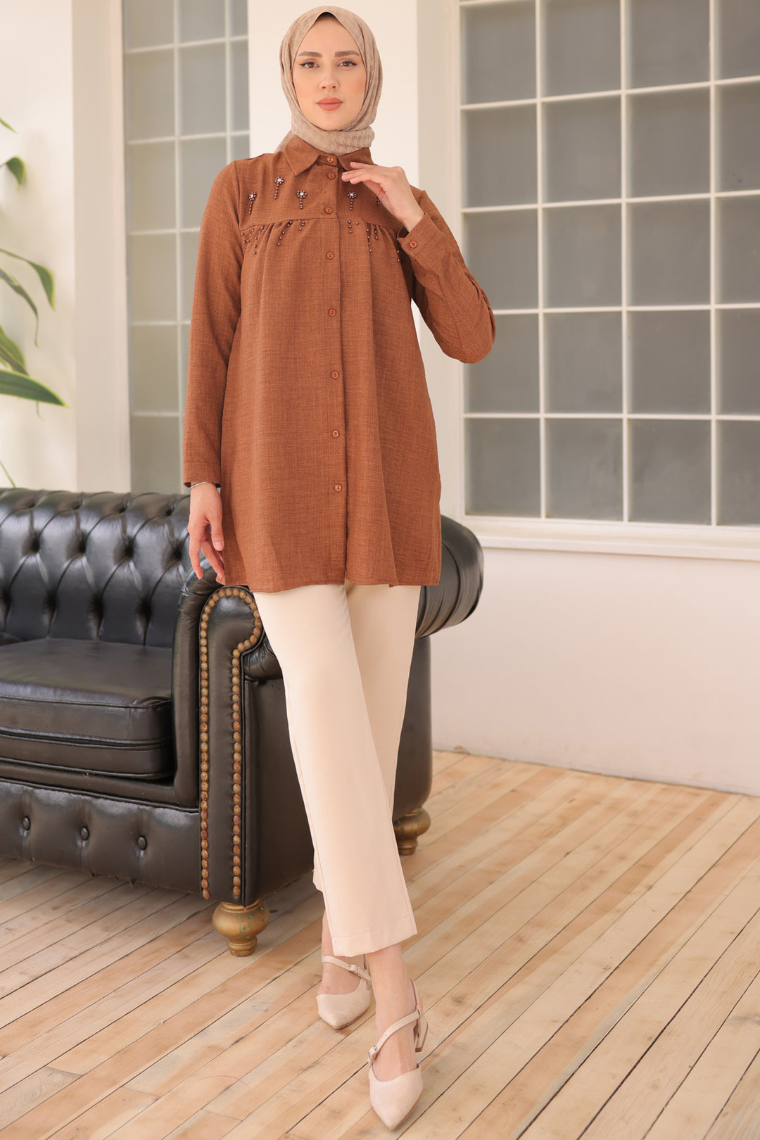 BNG Women Brown Shirt with Bead Detail - Clermont